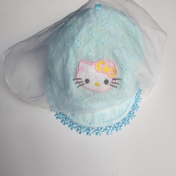 Hello Kitty Aqua Eyelet Baby Sun Hat With Hanging Sheer Veil   0-6 Months** - Picture 3 of 11